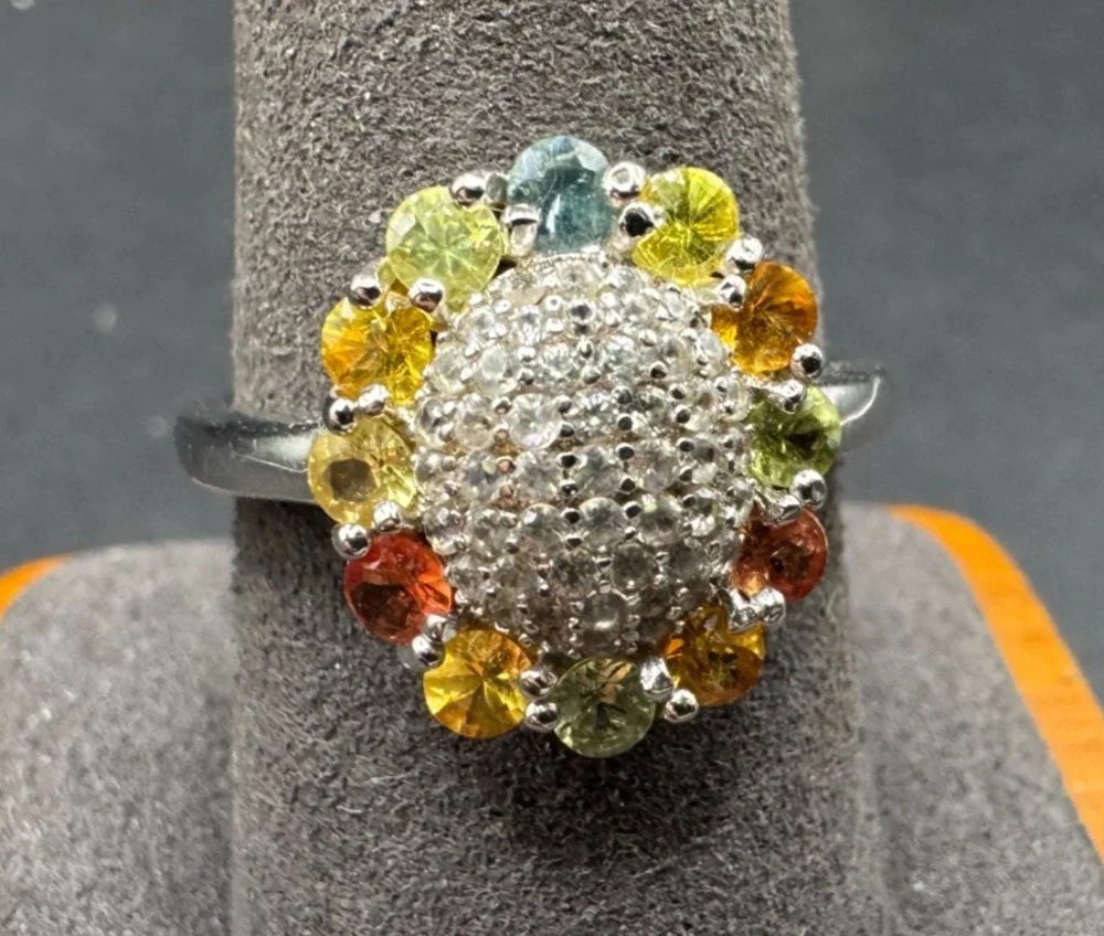 Vtg 925 Sterling Silver Multi Gemstone Cluster Ring Halo Flower Colorful Sz 9.75